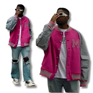 Pink and Gray Oversized Varsity Jacket
